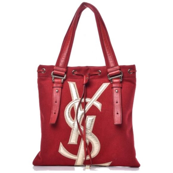 YSL Kahala Red Logo Canvas Leather Trimmed Tote - Picture 1 of 7